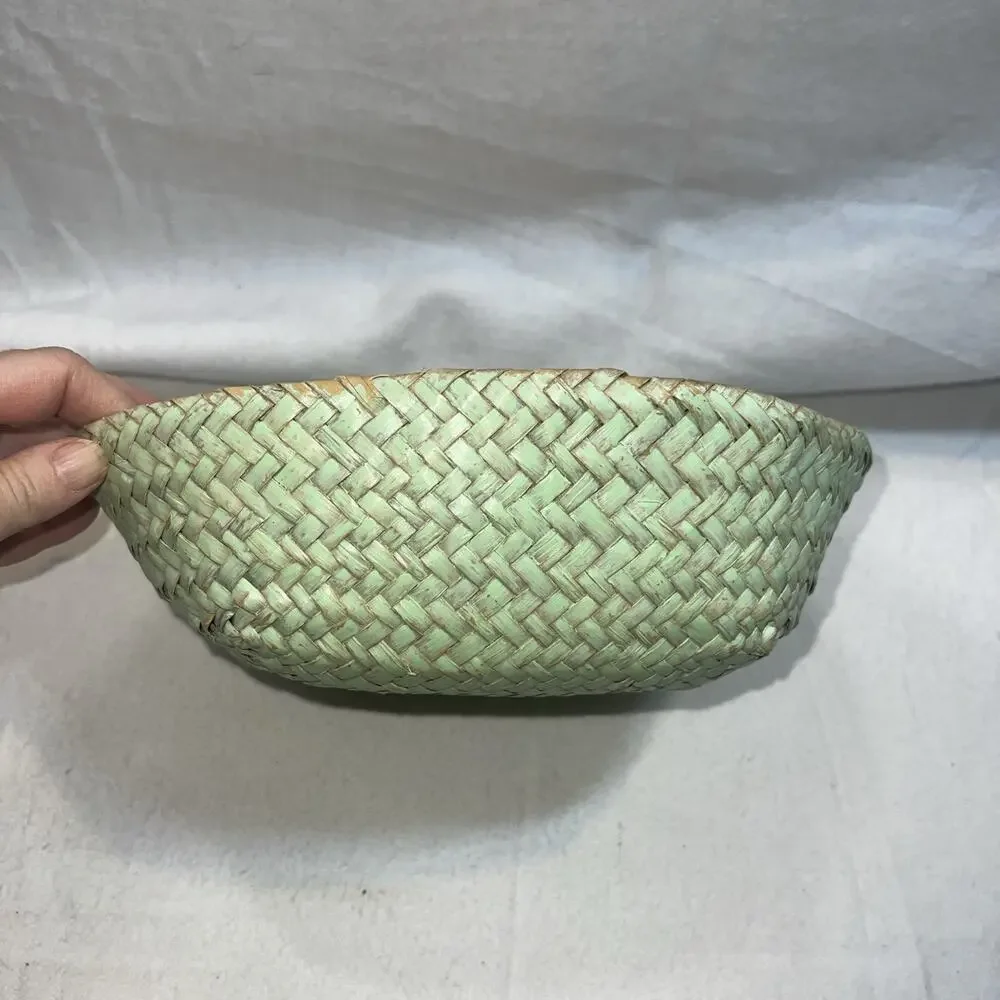 Sea Grass Woven Basket Natural And Teal Handles Medium Vintage Plant‎ Basket